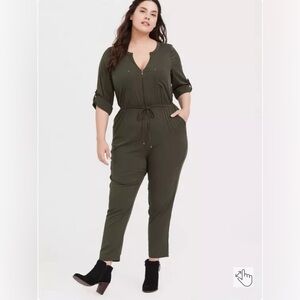Torrid Olive Green Stretch Challis Zip Front Jumpsuit size 2X